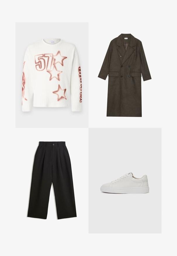 Dubbelt knäppt lång kappan i en mörkbrun ullblandning, med en spetsig krage, två framfickor och svarta knappar. Slät textur.; Vit ribbad stickad tröja med röda spraymålade mönster, inklusive siffran "57" och stjärnformer, med rund halsringning och kort längd.; Svarta byxor med avslappnad passform, utrustade med veck fram, sidofickor och knappstängning. Tillverkade av strukturerad tyg.; Vita läder sneakers med låg profil, rund tå, platt vit gummisula och minimalistiska sömmar. Skosnören säkrade genom sex hål.