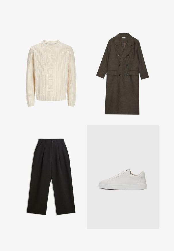 Doppelt gepolsterter langer Mantel aus dunkelbraunem Wollgemisch, mit einem Reverskragen, zwei Vorderaschen und schwarzen Knöpfen. Glatte Textur.; Cremefarbener, gestrickter Pullover mit strukturiertem Rippmuster, runder Ausschnitt und gerippten Bündchen sowie Saum. Weicher, dicker Stoff.; Schwarze Hose mit lockerem Schnitt, mit Falten an der Vorderseite, Seitentaschen und einem Knopfverschluss. Hergestellt aus strukturiertem Stoff.; Weiße Leder-Sneaker im Low-Top-Stil mit runder Zehenform, flacher weißer Gummisohle und minimalistischen Steppnähten. Schnürsenkel sind durch sechs Ösen gesichert.