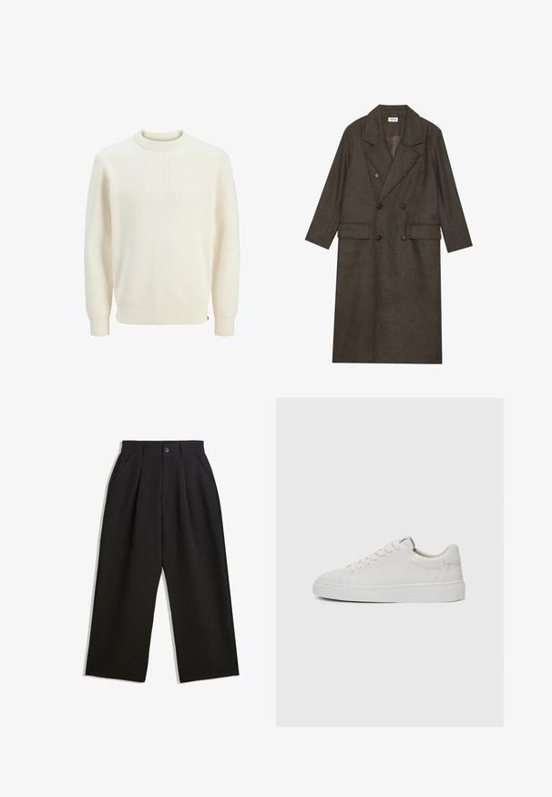 Dlouhý dvouřadý kabát v tmavě hnědé vlněné směsi, s klopovým límcem, dvěma předními kapsami a černými knoflíky. Hladká textura.; Krémový žebrovaný svetr s kulatým výstřihem, dlouhými rukávy a elastickými manžetami. Tkanina vypadá strukturovaně a je mírně pružná.; Černé kalhoty s uvolněným střihem, s průhyby v přední části, bočními kapsami a zapínáním na knoflík. Vyrobené z texturované látky.; Bílé kožené nízké tenisky s kulatou špičkou, plochou bílou gumovou podrážkou a minimalistickým detailem prošívání. Tkaničky upevněné skrze šest očíček.
