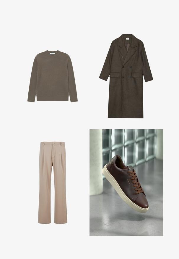 Doppelt gepolsterter langer Mantel aus dunkelbraunem Wollgemisch, mit einem Reverskragen, zwei Vorderaschen und schwarzen Knöpfen. Glatte Textur.; Gerippter Strickpullover in erdigem Braun, mit Rundhalsausschnitt und langen Ärmeln, mit strukturiertem Finish und dezentem Markenetikett.; Beige Plisseehosen aus glattem Stoff mit geradem Bein-Design, ausgestattet mit einem Knopfverschluss und dezenten Nähdetails.; Braune Leder-Sneaker mit abgerundetem Zeh, braunen Schnürsenkeln und einer beigen Gummisohle. Verfügt über eine minimalistische Markenkennzeichnung an der Seite.