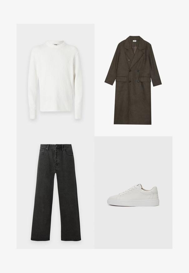 Dubbelzijdige lange jas in donkerbruin wolmengsel, met een geknipt kraag, twee voorzakken en zwarte knopen. Gladde textuur.; Witte lange mouwen trui met een zachte, gestructureerde oppervlakte en een geribbelde ronde halslijn. Eenvoudig ontwerp, geen zichtbare patronen of accenten.; Zwarte hoge taille spijkerbroek met rechte pijpen, voorzien van een knoop- en ritssluiting, en vijf zakken op een witte achtergrond.; Witte leren lage sneakers met een ronde neus, platte witte rubberen zool en minimalistische stikseldetails. Veters vastgemaakt via zes oogjes.