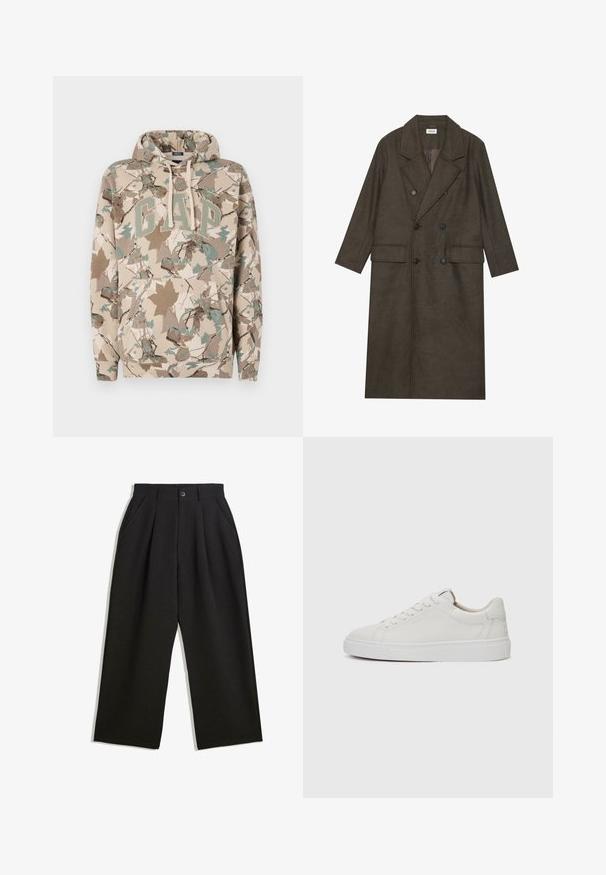 Double-breasted long coat in dark brown wool blend, featuring a notched collar, two front pockets, and black buttons. Smooth texture.; Beige hoodie with a camouflage leaf pattern, featuring a large "GAP" logo in green and a front pocket. Made from soft, textured fabric.; Black trousers with a relaxed fit, featuring pleats at the front, side pockets, and a button closure. Made from textured fabric.; White leather low-top sneakers with a round toe, flat white rubber sole, and minimalistic stitching detail. Laces secured through six eyelets.