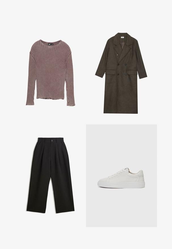 Cappotto lungo doppiopetto in misto lana marrone scuro, con colletto a revers, due tasche frontali e bottoni neri. Texture liscia.; Maglietta a maniche lunghe a costine di colore malva. Realizzata in tessuto morbido con una vestibilità comoda e un collo rotondo. Termina leggermente sopra la vita.; Pantaloni neri con una vestibilità comoda, caratterizzati da pieghe frontali, tasche laterali e chiusura con bottone. Realizzati in tessuto testurizzato.; Sneakers bianchi in pelle, modello low-top, con punta rotonda, suola piatta in gomma bianca e dettagli di cucitura minimalista. Lacci fissati attraverso sei occhielli.