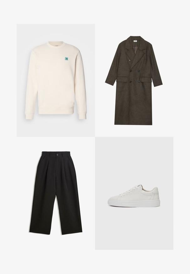 Kétgombos, hosszú kabát sötétbarna gyapjúkeverékből, kiemelkedő gallérral, két elülső zsebbel és fekete gombokkal. Simára csiszolt textúra.; Krém színű pulóver, puha anyagból, kerek nyakkivágással, bordás mandzsettával, egyenes aljjal, valamint egy kicsi kék emblémával a mellrészen.; Fekete, lazán szabott nadrág, elöl redőkkel, oldalsó zsebekkel és gombzárral. Texturált anyagból készült.; Fehér bőr, alacsony szárú sportcipő kerek orral, lapos fehér gumitalppal és minimalista varrási részletekkel. A fűzők hat szemre fűzve.