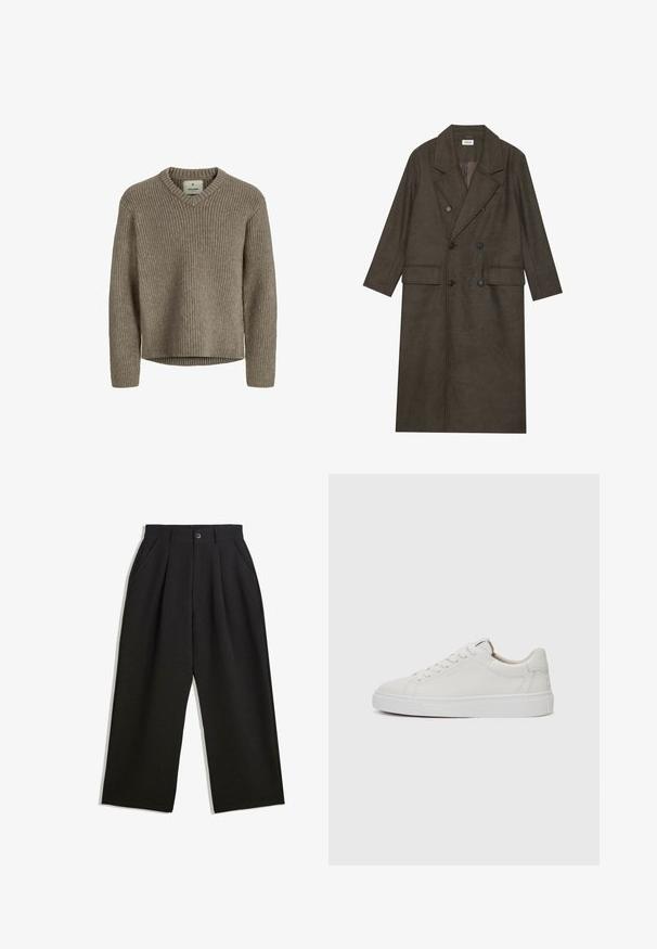 Palton lung cu două rânduri de nasturi dintr-un amestec de lână de culoare maro închis, având un guler cu tăietură, două buzunare frontale și nasturi negri. Textură netedă.; Pulover bej, tricotat în relief, cu decolteu în V și mâneci lungi. Textură moale, croială lejeră și fustă dreaptă fără slituri laterale.; Pantaloni negri cu o croială lejeră, având pliuri în față, buzunare laterale și închidere cu buton. Fabricat dintr-un material texturat.; Adidași albi din piele, cu vârful rotund, talpă din cauciuc alb plat și detalii de cusătură minimaliste. Șireturile sunt fixate prin șase ochiuri.