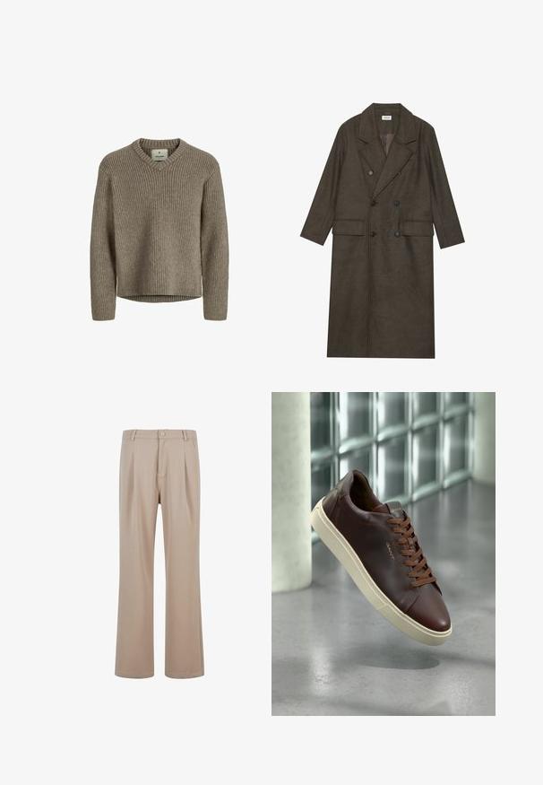 Kétgombos, hosszú kabát sötétbarna gyapjúkeverékből, kiemelkedő gallérral, két elülső zsebbel és fekete gombokkal. Simára csiszolt textúra.; Beige, bordázott kötésű pulóver V-kivágással és hosszú ujjakkal. Puha tapintás, laza szabás és egyenes szegély oldalsó hasítékok nélkül.; Beige, sima anyagból készült, plisszírozott nadrág, egyenes láb kialakítással, gombos záródással és diszkrét varrási részletekkel.; Barna bőr sportcipő lekerekített orral, barna fűzőkkel és bézs gumitalppal. Az oldalon minimális márkázás található.