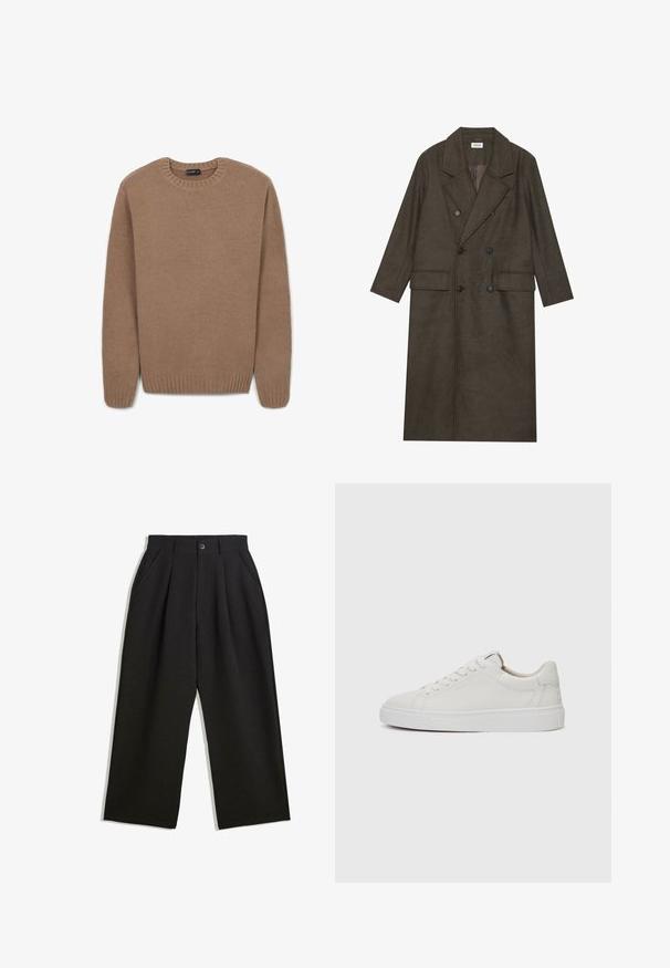 Doppelt gepolsterter langer Mantel aus dunkelbraunem Wollgemisch, mit einem Reverskragen, zwei Vorderaschen und schwarzen Knöpfen. Glatte Textur.; Brauner Strickpullover mit Rundhalsausschnitt, gerippten Bündchen und einer weichen Textur. Das Design verfügt über lange Ärmel und eine klassische Passform.; Schwarze Hose mit lockerem Schnitt, mit Falten an der Vorderseite, Seitentaschen und einem Knopfverschluss. Hergestellt aus strukturiertem Stoff.; Weiße Leder-Sneaker im Low-Top-Stil mit runder Zehenform, flacher weißer Gummisohle und minimalistischen Steppnähten. Schnürsenkel sind durch sechs Ösen gesichert.