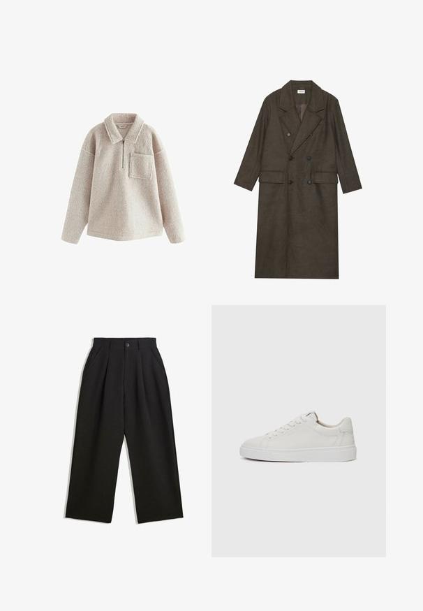 Double-breasted long coat in dark brown wool blend, featuring a notched collar, two front pockets, and black buttons. Smooth texture.; Beige fleece pullover with a cozy texture, half-zip front, collar, and left chest pocket. Features a relaxed fit and long sleeves.; Black trousers with a relaxed fit, featuring pleats at the front, side pockets, and a button closure. Made from textured fabric.; White leather low-top sneakers with a round toe, flat white rubber sole, and minimalistic stitching detail. Laces secured through six eyelets.