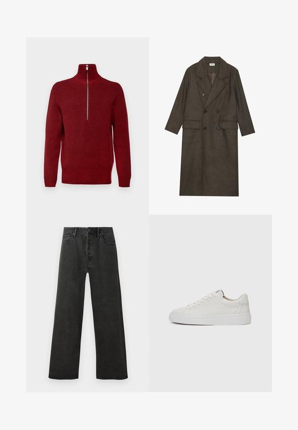 Dlouhý dvouřadý kabát v tmavě hnědé vlněné směsi, s klopovým límcem, dvěma předními kapsami a černými knoflíky. Hladká textura.; Červený svetr s krátkým zipem, texturovaným pleteným vzorem, dlouhými rukávy, žebrovanými manžetami a spodním lemem, s kovovým zipem u límce.; Černé džíny s vysokým pasem a rovnými nohavicemi, se zapínáním na přední knoflík a zip, a pěti kapsami na bílém pozadí.; Bílé kožené nízké tenisky s kulatou špičkou, plochou bílou gumovou podrážkou a minimalistickým detailem prošívání. Tkaničky upevněné skrze šest očíček.