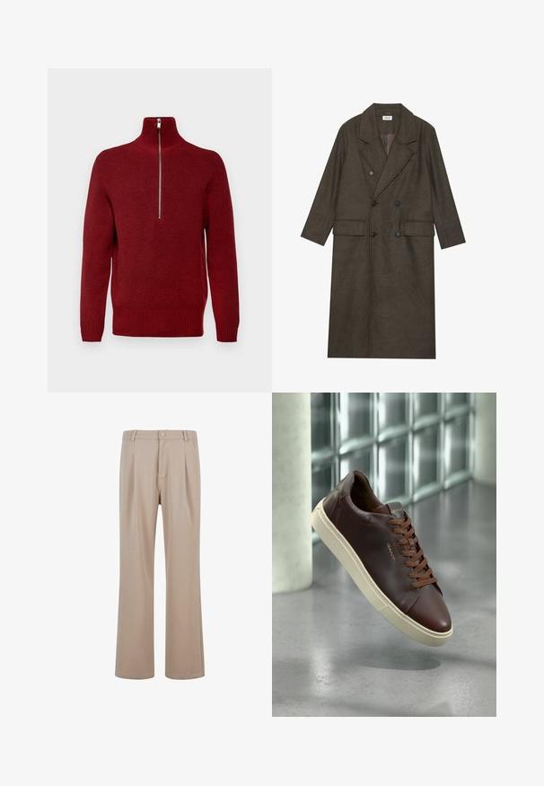 Doppelt gepolsterter langer Mantel aus dunkelbraunem Wollgemisch, mit einem Reverskragen, zwei Vorderaschen und schwarzen Knöpfen. Glatte Textur.; Roter Zip-Kragen-Pullover mit strukturiertem Strickmuster, langen Ärmeln, gerippten Bündchen und Saum, mit einem silbernen Reißverschluss am Kragen.; Beige Plisseehosen aus glattem Stoff mit geradem Bein-Design, ausgestattet mit einem Knopfverschluss und dezenten Nähdetails.; Braune Leder-Sneaker mit abgerundetem Zeh, braunen Schnürsenkeln und einer beigen Gummisohle. Verfügt über eine minimalistische Markenkennzeichnung an der Seite.
