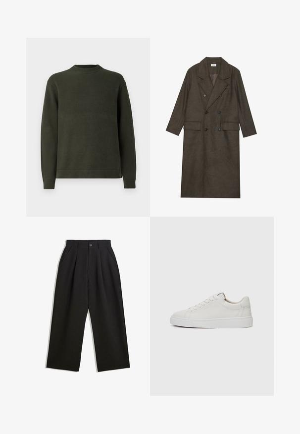 Dubbelt knäppt lång kappan i en mörkbrun ullblandning, med en spetsig krage, två framfickor och svarta knappar. Slät textur.; Mörkgrön stickad långärmad tröja med ribbat rundringning, manschetter och fåll, uppvisad på en enkel vit bakgrund.; Svarta byxor med avslappnad passform, utrustade med veck fram, sidofickor och knappstängning. Tillverkade av strukturerad tyg.; Vita läder sneakers med låg profil, rund tå, platt vit gummisula och minimalistiska sömmar. Skosnören säkrade genom sex hål.