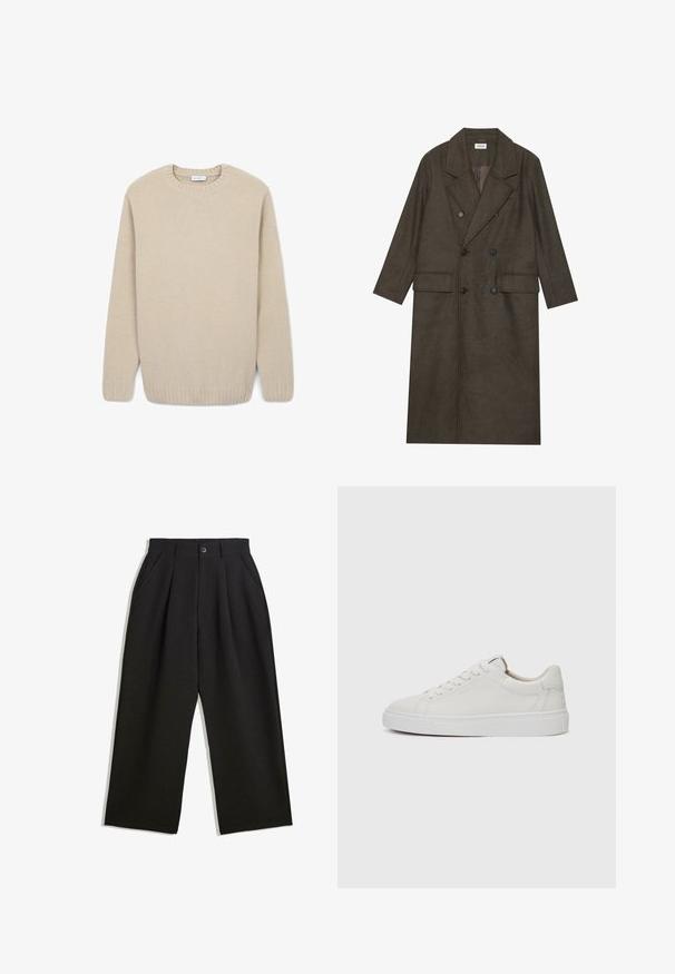 Doppelt gepolsterter langer Mantel aus dunkelbraunem Wollgemisch, mit einem Reverskragen, zwei Vorderaschen und schwarzen Knöpfen. Glatte Textur.; Helle beige Strickpullover mit Rundhalsausschnitt, gerippten Bündchen und Saum. Weiche Textur, Pullover-Stil und lockere Passform.; Schwarze Hose mit lockerem Schnitt, mit Falten an der Vorderseite, Seitentaschen und einem Knopfverschluss. Hergestellt aus strukturiertem Stoff.; Weiße Leder-Sneaker im Low-Top-Stil mit runder Zehenform, flacher weißer Gummisohle und minimalistischen Steppnähten. Schnürsenkel sind durch sechs Ösen gesichert.
