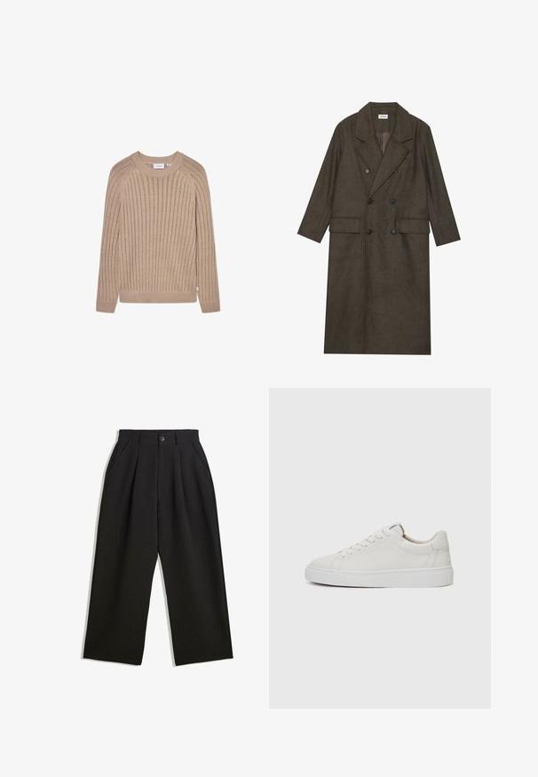 Dobbeltbrystet lang frakke i mørkebrun uldblanding med slået krave, to forlommer og sorte knapper. Glat tekstur.; Beige ribbet striktrøje med lange ærmer, rund hals og diskret side logoetiket. Har et struktureret mønster og tætsiddende manchetter.; Sorte bukser med en afslappet pasform, der har plisseringer foran, sidelommer og knaplukning. Fremstillet af tekstureret stof.; Hvide læder sneakers med lav skæft, rund tå, flad hvid gummisål og minimalistisk sømdetalje. Snørebånd sikret gennem seks snørrehuller.
