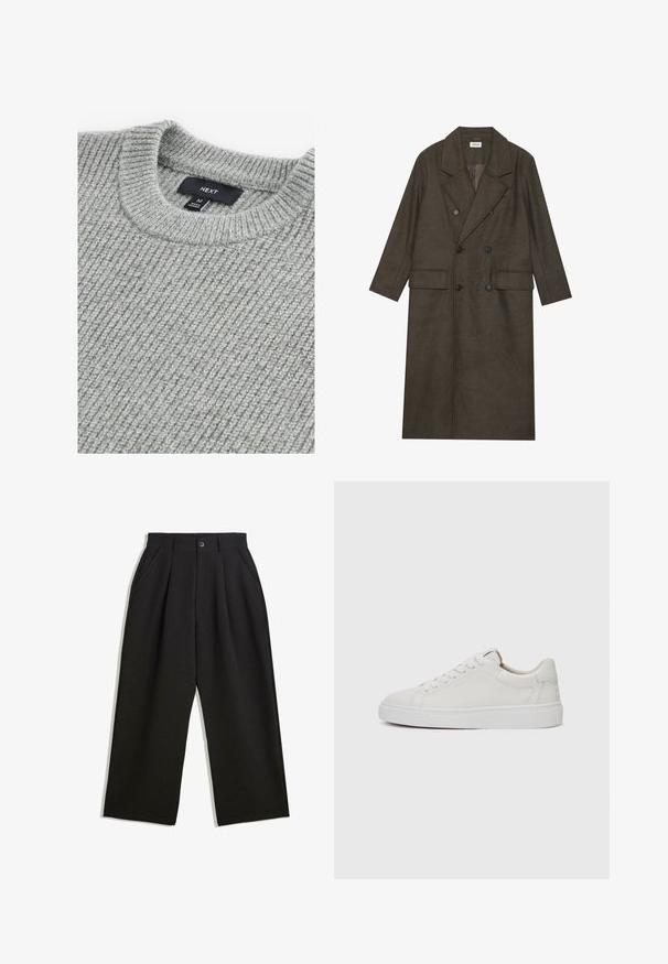 Dlouhý dvouřadý kabát v tmavě hnědé vlněné směsi, s klopovým límcem, dvěma předními kapsami a černými knoflíky. Hladká textura.; Šedý pletený svetr s ribbed texturou, kulatým výstřihem a štítkem označujícím velikost M. Tkanina vypadá měkce a masivně.; Černé kalhoty s uvolněným střihem, s průhyby v přední části, bočními kapsami a zapínáním na knoflík. Vyrobené z texturované látky.; Bílé kožené nízké tenisky s kulatou špičkou, plochou bílou gumovou podrážkou a minimalistickým detailem prošívání. Tkaničky upevněné skrze šest očíček.