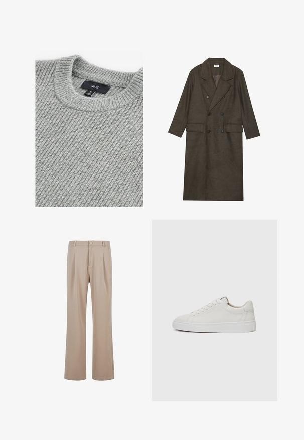 Tamsiai rudos vilnos mišinio dvigubos eilės ilgasis paltas, su įpjovimu apykakle, dviem priekinėmis kišenėmis ir juodais mygtukais. Lygus paviršius.; Pilkas megztinis su raukšlėtu paviršiumi, apvaliu iškirpimu ir etiketė, nurodanti vidutinį dydį. Audinys atrodo minkštas ir storas.; Smėlio spalvos klostuoti kelnės, pagamintos iš lygios medžiagos, su tiesia kojų forma, savyje turinčios mygtuką ir subtilius siuvimo elementus.; Baltos odinės žemos sportbačiai su apvalia nosimi, plokščiu baltu guminiais padu ir minimalizmo siuvimo detalėmis. Raišteliai priveržti per šešis akių skyrius.