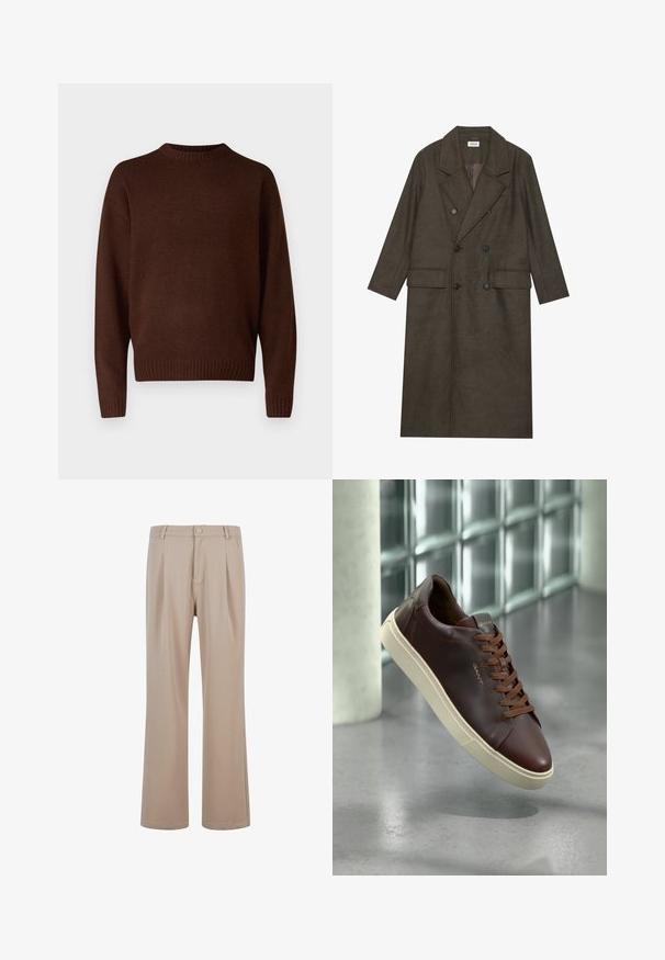 Double-breasted long coat in dark brown wool blend, featuring a notched collar, two front pockets, and black buttons. Smooth texture.; Brown knit sweater with a round neckline, long sleeves, and ribbed cuffs. The material is textured, offering a soft appearance.; Beige pleated pants made of smooth fabric with a straight leg design, featuring a button closure and subtle stitching details.; Brown leather sneaker with a rounded toe, brown laces, and a beige rubber sole. Features minimal branding on the side.