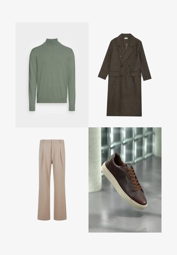 Dlouhý dvouřadý kabát v tmavě hnědé vlněné směsi, s klopovým límcem, dvěma předními kapsami a černými knoflíky. Hladká textura.; Zelený rolák vyrobený z měkkého pleteného materiálu. Má dlouhé rukávy, přiléhavý límec a žebrované manžety a lem. Bez viditelných vzorů.; Béžové plisované kalhoty vyrobené z hladkého materiálu s rovnými nohavicemi, s knoflíkovým zapínáním a jemnými švy.; Hnědé kožené tenisky s kulatou špičkou, hnědými šňůrkami a béžovou gumovou podrážkou. Obsahují minimální branding na boku.