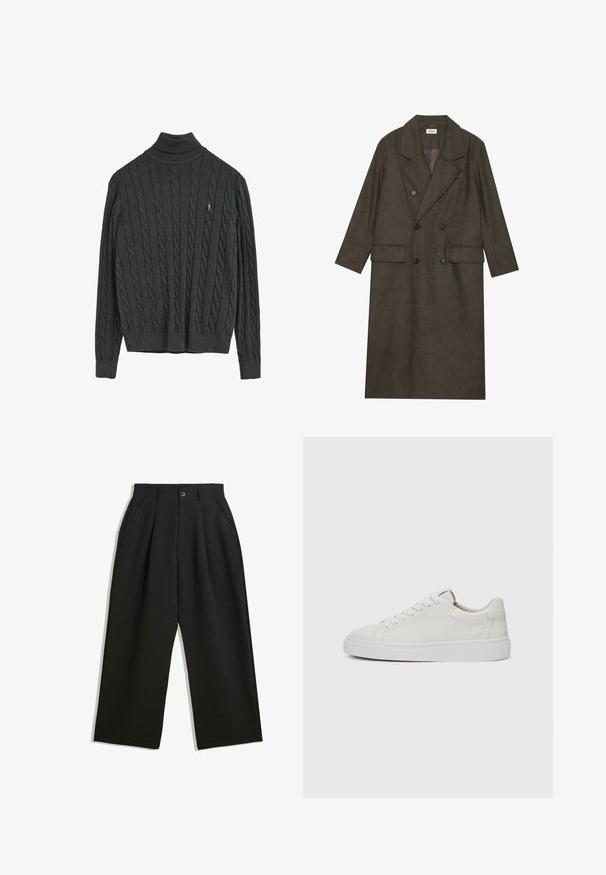 Doppelt gepolsterter langer Mantel aus dunkelbraunem Wollgemisch, mit einem Reverskragen, zwei Vorderaschen und schwarzen Knöpfen. Glatte Textur.; Dunkelgrauer, kabelstrickiger Rollkragenpullover aus strukturiertem Material, mit einem gerippten Kragen und Saum sowie einem kleinen gestickten Logo.; Schwarze Hose mit lockerem Schnitt, mit Falten an der Vorderseite, Seitentaschen und einem Knopfverschluss. Hergestellt aus strukturiertem Stoff.; Weiße Leder-Sneaker im Low-Top-Stil mit runder Zehenform, flacher weißer Gummisohle und minimalistischen Steppnähten. Schnürsenkel sind durch sechs Ösen gesichert.