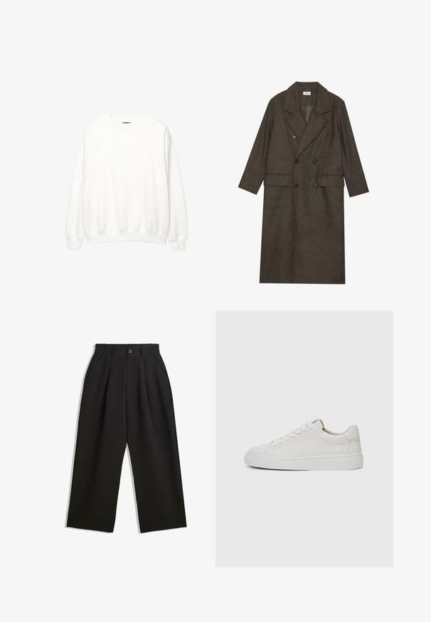 Dlhý kabát s dvojitým zapínaním v tmavo hnedej vlnenej zmesi, s klopeným golierom, dvoma prednými vreckami a čiernymi gombíkmi. Hladká textúra.; Biela mikina, okrúhly výstrih, dlhé rukávy, voľný strih. Mäkka tkanina s ribbovanými manžetami a lemom. Minimalistický dizajn, bez viditeľných log a vzorov.; Čierne nohavice s voľným strihom, s prekrytím vpredu, bočnými vreckami a zapínaním na gombík. Vyrobené z textúrovanej látky.; Biele kožené tenisky nízkoprofilového strihu s okrúhlou špičkou, plochou bielou gumovou podrážkou a minimalistickými detailmi šitia. Šnúrky zaistené cez šesť očiek.