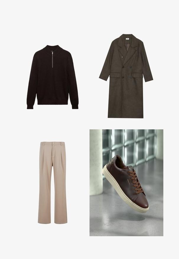 Dvojredno obloženi dolg plašč v temno rjavi mešanici volne, z obreženim ovratnikom, dvema sprednjima žepoma in črnimi gumbi. Gladka tekstura.; Temno rjav pleten pulover z visokim ovratnikom, četrtinskim zadrgo spredaj in rebrasto strukturo. Ima dolge rokave in sproščen kroj.; Bežne nabirane hlače iz gladkega blaga s ravnimi nogavicami, ki vključujejo gumb za zapiranje in diskretne šive.; Rjavi usnjeni teniski čevlji z zaobljenim nosom, rjavimi vezalkami in bež gumijastim podplatom. Na strani imajo minimalno blagovno označevanje.