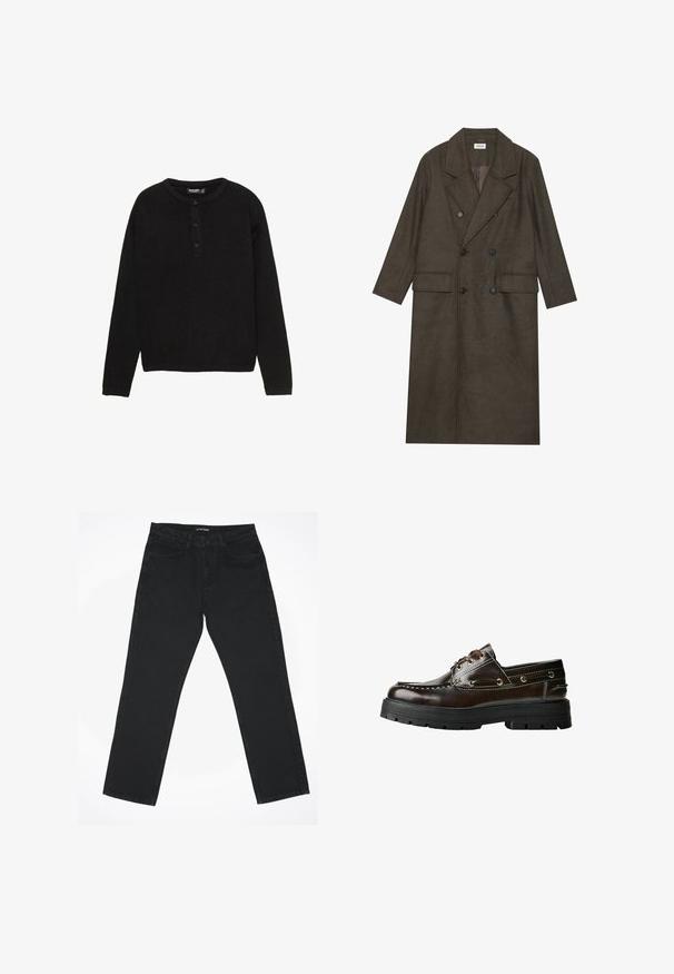 Dvogubni dugi kaput od tamnosmešane vune, s izrezanim ovratnikom, dvama prednjim džepovima i crnim dugmadi. Glatka tekstura.; Crni džemper dugih rukava od rebrastog materijala, s okruglim izrezom i plaketom s dugmadi sprijeda koja sadrži tri dugmeta.; Crne traperice od denima sa ravnim nogavicama, pet džepova i klasičnim pojasom. Tkanina ima glatku teksturu i minimalne detalje.; Smeđe kožne brodske cipele s gumiranim potplatom, s detaljima šivanja, metalnim otvorima za vezice i dizajnom na vezanje. Čvrsta, lagana konstrukcija.