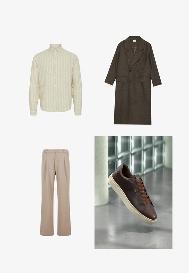 Abrigo largo de doble botonadura en mezcla de lana marrón oscuro, con cuello notch, dos bolsillos frontales y botones negros. Textura suave.; Camisa de manga larga beige claro con rayas verticales. Fabricada en un tejido texturizado, cuenta con un cuello abotonado y botones en el frente.; Pantalones de chándal beige con tela suave y diseño de pierna recta, que cuentan con un cierre de botón y detalles de costura sutiles.; Zapatilla de cuero marrón con puntera redondeada, cordones marrones y suela de goma beige. Presenta un branding mínimo en el lateral.