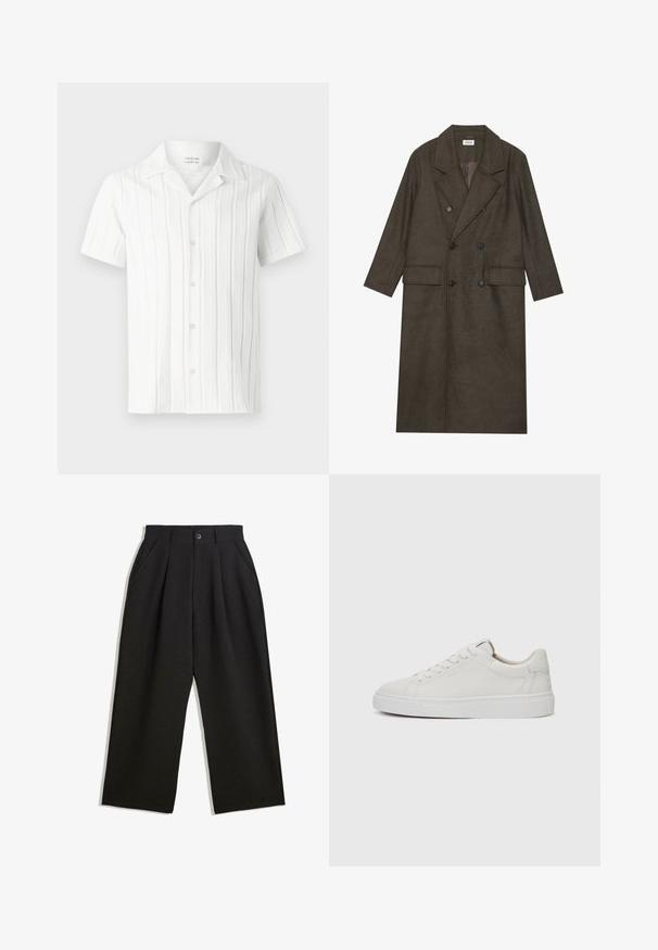 Dlhý kabát s dvojitým zapínaním v tmavo hnedej vlnenej zmesi, s klopeným golierom, dvoma prednými vreckami a čiernymi gombíkmi. Hladká textúra.; Biele krátke rukávy košele s vertikálnymi textúrovanými pruhmi, s vykrojeným golierom a piatimi gombíkmi na prednej strane, vyrobené z ľahkej tkaniny.; Čierne nohavice s voľným strihom, s prekrytím vpredu, bočnými vreckami a zapínaním na gombík. Vyrobené z textúrovanej látky.; Biele kožené tenisky nízkoprofilového strihu s okrúhlou špičkou, plochou bielou gumovou podrážkou a minimalistickými detailmi šitia. Šnúrky zaistené cez šesť očiek.