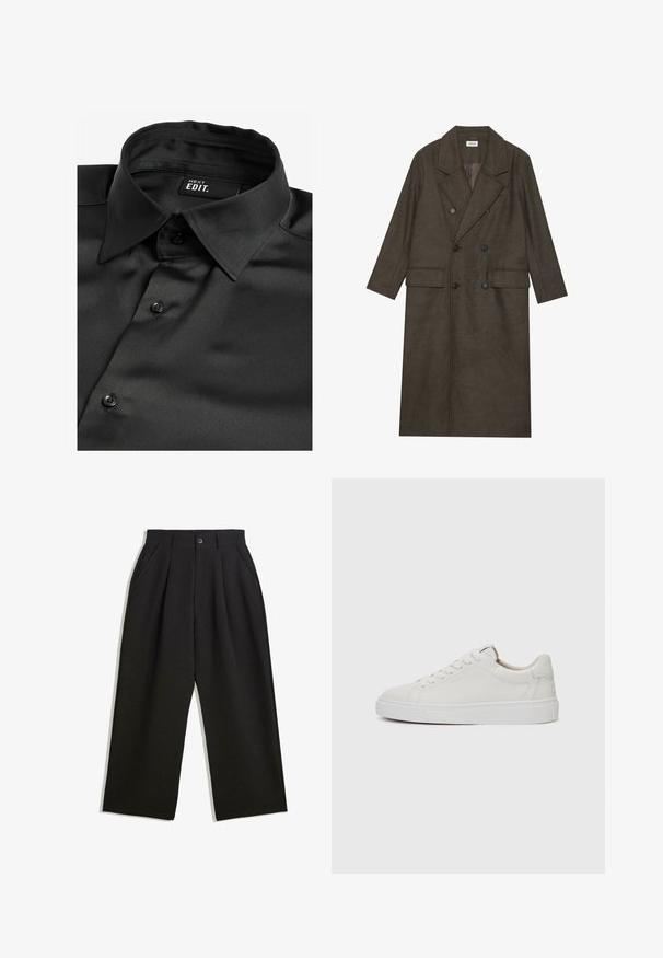 Doppelt gepolsterter langer Mantel aus dunkelbraunem Wollgemisch, mit einem Reverskragen, zwei Vorderaschen und schwarzen Knöpfen. Glatte Textur.; Next EDIT LONG SLEEVE- REGULAR FIT - Hemd - black; Schwarze Hose mit lockerem Schnitt, mit Falten an der Vorderseite, Seitentaschen und einem Knopfverschluss. Hergestellt aus strukturiertem Stoff.; Weiße Leder-Sneaker im Low-Top-Stil mit runder Zehenform, flacher weißer Gummisohle und minimalistischen Steppnähten. Schnürsenkel sind durch sechs Ösen gesichert.