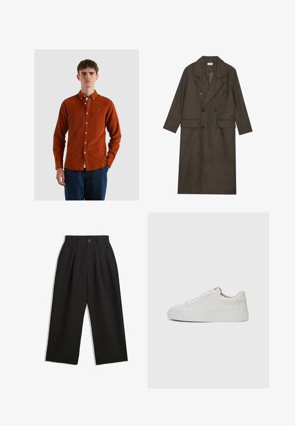 Dubbelzijdige lange jas in donkerbruin wolmengsel, met een geknipt kraag, twee voorzakken en zwarte knopen. Gladde textuur.; Verbrande oranje corduroy overhemd met een button-down kraag, witte knopen en een klein geborduurd logo op de borst. Casual fit, lange mouwen.; Zwarte broeken met een relaxte pasvorm, voorzien van plooien aan de voorzijde, zijzakken en een knoopsluiting. Gemaakt van textiel met structuur.; Witte leren lage sneakers met een ronde neus, platte witte rubberen zool en minimalistische stikseldetails. Veters vastgemaakt via zes oogjes.