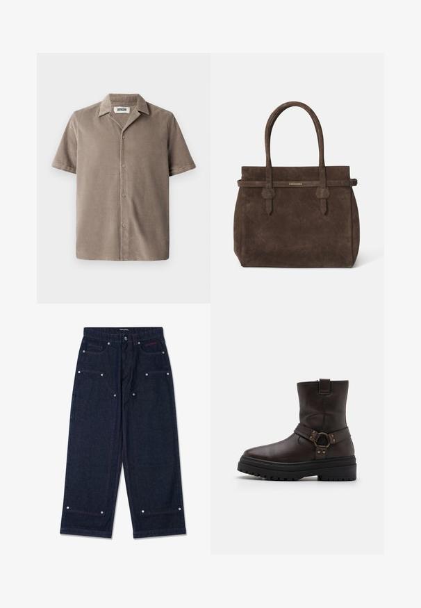 Doppelt gepolsterter langer Mantel aus dunkelbraunem Wollgemisch, mit einem Reverskragen, zwei Vorderaschen und schwarzen Knöpfen. Glatte Textur.; Kurzarmhemd aus hellbraunem Cord mit eingeschnittenem Kragen, Knopfleiste und lockerer Passform mit subtiler Textur.; Dunkelblaue weit geschnittene Jeanshose mit zwei vorderen Taschen, silbernen Hardware-Details und kontrastierendem roten Nähten. Sie verfügt über einen Knopfverschluss und ein Markenlogo.; Braune Leder-Stiefelette mit quadratischer Zehenform, Schnallenakzenten und einer dicken schwarzen Sohle. Verfügt über einen seitlichen Reißverschluss und eine strukturierte Oberfläche.; Dunkelbraune Wildledertasche mit doppelten Griffen und einem horizontalen Riemen, der mit einem kleinen goldenen DSQUARED2-Logo-Plakette versehen ist.