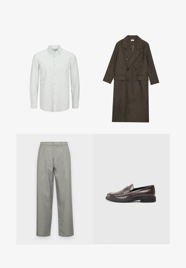 Doppelt gepolsterter langer Mantel aus dunkelbraunem Wollgemisch, mit einem Reverskragen, zwei Vorderaschen und schwarzen Knöpfen. Glatte Textur.; Weißes Langarm-Hemd mit Knopfleiste aus leichtem Stoff, mit klassischem Kragen und subtiler Textur. Knöpfe in passender Farbe.; Graue maßgeschneiderte Hose aus strukturiertem Stoff mit geradem Bein, Bundfalten und einem Standardbund mit Gürtelschlaufen.; Braune Leder Slipper mit glatter Oberfläche, die über ein dezentes gestepptes Detail im Obermaterial und eine schwarze Gummisohle verfügen.