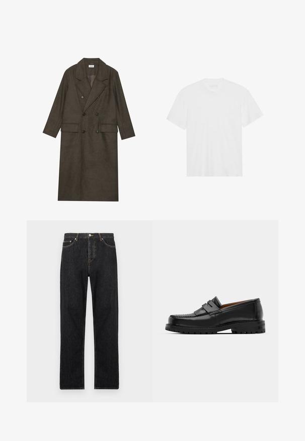 Dubbelzijdige lange jas in donkerbruin wolmengsel, met een geknipt kraag, twee voorzakken en zwarte knopen. Gladde textuur.; Witte katoenen t-shirt met korte mouwen, ronde hals en rechte zoom. Gladde textuur, minimalistisch ontwerp zonder patrons of accenten.; Zwarte denim jeans met een rechte pasvorm, voorzien van een knoopsluiting, vijf zakken en subtiele stiksels langs de naden.; Zwarte leren instappers hebben een verhoogde naad, twee decoratieve banden op de bovenkant en een dikke, gestructureerde zool voor extra grip.