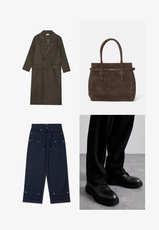 Divkrūtais garais mētelis tumši brūnā vilnas maisījumā ar izgriezumu apkakli, divām priekšējām kabatām un melnām pogām. Gluda tekstūra.; Balta kokvilnas bez piedurknēm tank top krekliņš ar apaļu kakla izgriezumu, ar gludu tekstūru un pieguļošu formu, paredzēts ikdienas valkāšanai.; Tumši džinsi ar platām kājām un diviem priekšējiem kabatām, sudraba detaļām un kontrastainiem sarkaniem izšuvumiem. Aprīkoti ar pogu aizdari un zīmola logotipu.; Melni ādas apavi ar apaļu purngalu, teksturētu virsējo daļu, auklu dizainu un bieza gumijas zole ar protektora rakstu. Valkāti ar melnām biksēm.; Tumši brūns zamšains somiņas ar divām rokturiem un horizontālu siksnu, kurai ir neliels zelta DSQUARED2 logotipa plāksne.