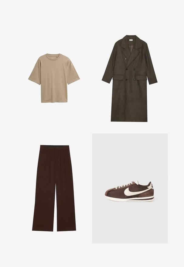 Divkrūtais garais mētelis tumši brūnā vilnas maisījumā ar izgriezumu apkakli, divām priekšējām kabatām un melnām pogām. Gluda tekstūra.; Bežs īsajām piedurknēm T-krekls ar brīvu piegriezumu, apaļu kakla izgriezumu un gludu tekstūru. Nav redzamu rakstu vai metāla detaļu.; Brūni plaša kāju bikses ar krokām. Izgatavotas no gluda auduma, ar pielāgotu jostas vidi un sānu kabatām. Lietus piegriezums apakšā.; Brūni sporta apavi, kas veidoti no miksa zamšiem un auduma, ar baltu Nike žaketu un strukturētu gumijas zoli.