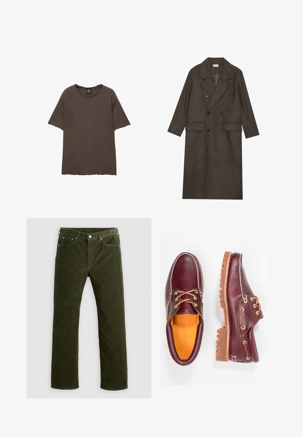 Palton lung cu două rânduri de nasturi dintr-un amestec de lână de culoare maro închis, având un guler cu tăietură, două buzunare frontale și nasturi negri. Textură netedă.; Tricou scurt cu maneci din bumbac de culoare maro, confecționat dintr-un material moale, având guler rotund și o croială ușor relaxată, cu detalii de cusătură vizibile.; Pantaloni din țesătură de catifea în verde măsliniu, cu croială dreaptă, prevăzuți cu buton frontal, fermoar, bucle pentru curea și un design cu cinci buzunare, pe un fundal alb.; Pantofi din piele burgundă cu talpă din cauciuc brun, vârf rotund, cusături albe și gauri aurii pentru șireturi. Interiorul are un căptușeală galbenă.