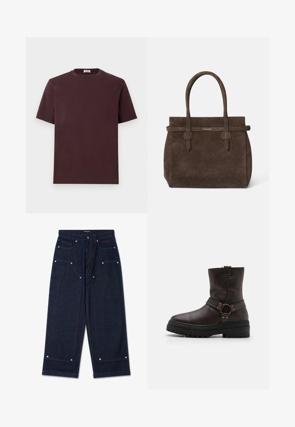 Dobbeltbrystet lang frakke i mørkebrun uldblanding med slået krave, to forlommer og sorte knapper. Glat tekstur.; Burgundy bomulds T-shirt med rund halsudskæring, korte ærmer og afslappet pasform. Ingen synlige logoer eller mønstre. Blød tekstur.; Mørk denim bredbukser med to frontlommer, sølvhardware-detaljer og kontrasterende rød syning. Har knaplukning og brandlogo.; Brun læder ankelstøvle med firkantet tå, spændeaccenter og en tyk sort sål. Har en sidelukning med lynlås og tekstureret overflade.; Mørkebrune suede tote-tasker med to håndtag og et vandret bånd med en lille gul DSQUARED2 logo-plakette.