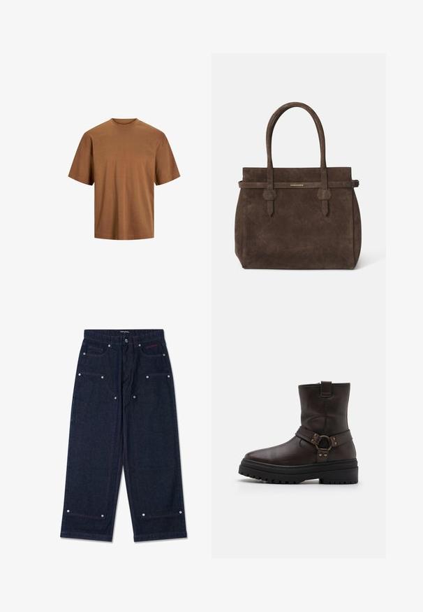 Tumepruun viljasegu topeltkooler, millel on nurgeline krae, kaks esist taskut ja mustad nööbid. Sile tekstuur.; Pruuni lühikeste varrukatega T-särk, mis on valmistatud puuvillast. Omab klassikalist ümmargust kaelust ja lõdvemat istuvust, millel on sile tekstuur ja ilma nähtavate kaunistusteta.; Tumedat denimit laiad püksid, millel on kaks eesmist taskut, hõbedased detailid ja kontrastsed punased õmblused. Omab nööbiga sulgemist ja brändi logo.; Pruun nahkne pahkluu saabas ruuduvarbaga, lukukinnitusdetailide ja paksu musta tallaga. Omab külgniidi ja tekstureeritud pinda.; Tumed pruun nubukist öksohva, millel on kaks käepidet ja horisontaalne rihm, millel on väike kuldne DSQUARED2 logo plaat.