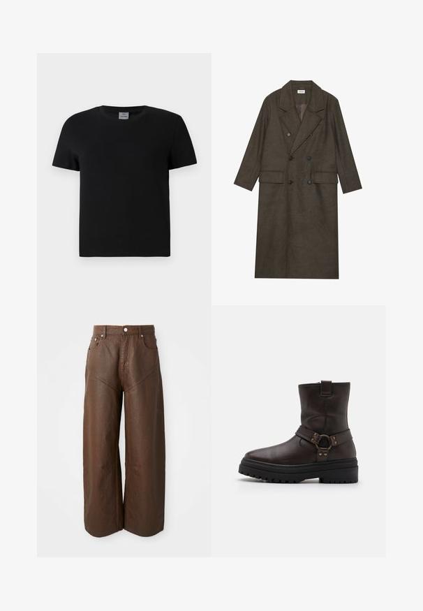 Kétgombos, hosszú kabát sötétbarna gyapjúkeverékből, kiemelkedő gallérral, két elülső zsebbel és fekete gombokkal. Simára csiszolt textúra.; Fekete pamut póló kerek nyakkivágással és rövid ujjakkal. Egyszerű dizájn, minta vagy díszítés nélkül, egyenesen szabott derékvonal. ; Széles lábú barna bőrnadrág, öt zsebbel és gombos záródással, egyszerű fehér háttéren bemutatva.; Barna bőr bokacsizma négyzet alakú orral, csattal díszítve és vastag fekete talppal. Oldalcipzárral és texturált felülettel rendelkezik.