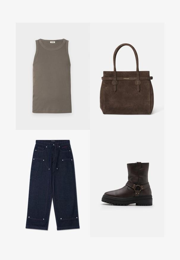 Kaksirivinen pitkä takki tummanruskeasta villaseoksesta, jossa on teräväkaulus, kaksi etutaskua ja mustat napit. Sileä pinta.; Vaaleanruskea ribbineulosinen toppi, jossa on pyöreä pääntie, hihaton malli ja suora helma. Valmistettu pehmeästä, joustavasta kankaasta.; Tumman farkkukankaan leveälahkeiset housut, joissa on kaksi etutaskua, hopeiset yksityiskohdat ja kontrastiväriset punaiset ompeleet. Housuissa on nappikiinnitys ja brändin logo.; Ruske nahke čevlje do gležnjev s kvadratnim nosom, zaponkami in debelim črnim podplatom. Imajo stransko zadrgo in teksturirano površino.; Tummanruskea samettinen olkalaukku, jossa on kaksinkertaiset kahvat ja vaakasuuntainen hihna, jossa on pieni kultainen DSQUARED2-logo-plaatti.