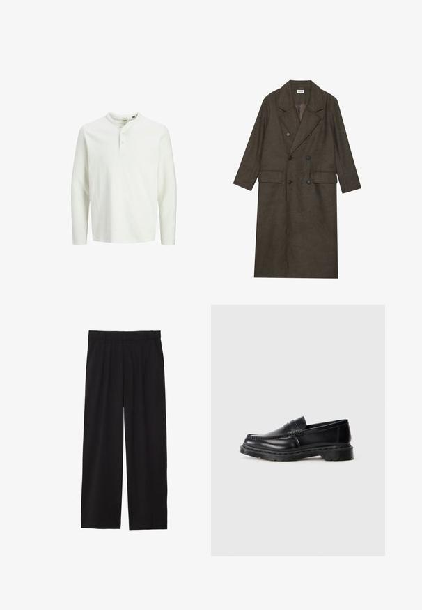 Dubbelzijdige lange jas in donkerbruin wolmengsel, met een geknipt kraag, twee voorzakken en zwarte knopen. Gladde textuur.; Witte lange mouwen henley shirt met drie knopen en een ronde halslijn, weergegeven op een effen witte achtergrond.; Zwarte wijde broek met geplooide voorkant, zijzakken en een gladde stoftextuur. Ontworpen voor een ontspannen pasvorm.; Heren zwarte leren penny loafers met chunky zool en moc toe stiksels, zijaanzicht op een witte achtergrond.