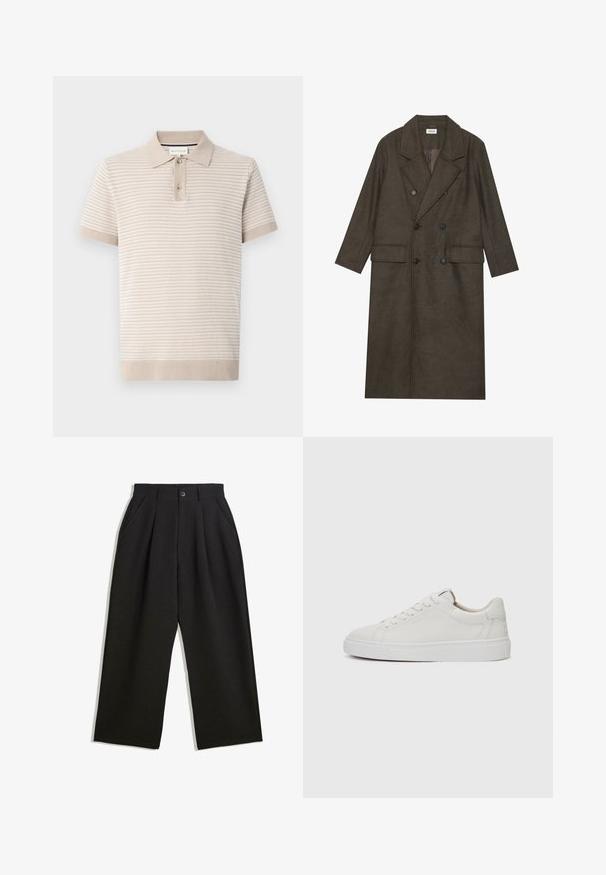 Dlhý kabát s dvojitým zapínaním v tmavo hnedej vlnenej zmesi, s klopeným golierom, dvoma prednými vreckami a čiernymi gombíkmi. Hladká textúra.; Polo tričko s krátkym rukávom vo svetlej béžovej farbe s textúrovanými prúžkami, golierom a zapínaním na tri gombíky. Mäkká tkanina s rebrovanými manžetami.; Čierne nohavice s voľným strihom, s prekrytím vpredu, bočnými vreckami a zapínaním na gombík. Vyrobené z textúrovanej látky.; Biele kožené tenisky nízkoprofilového strihu s okrúhlou špičkou, plochou bielou gumovou podrážkou a minimalistickými detailmi šitia. Šnúrky zaistené cez šesť očiek.