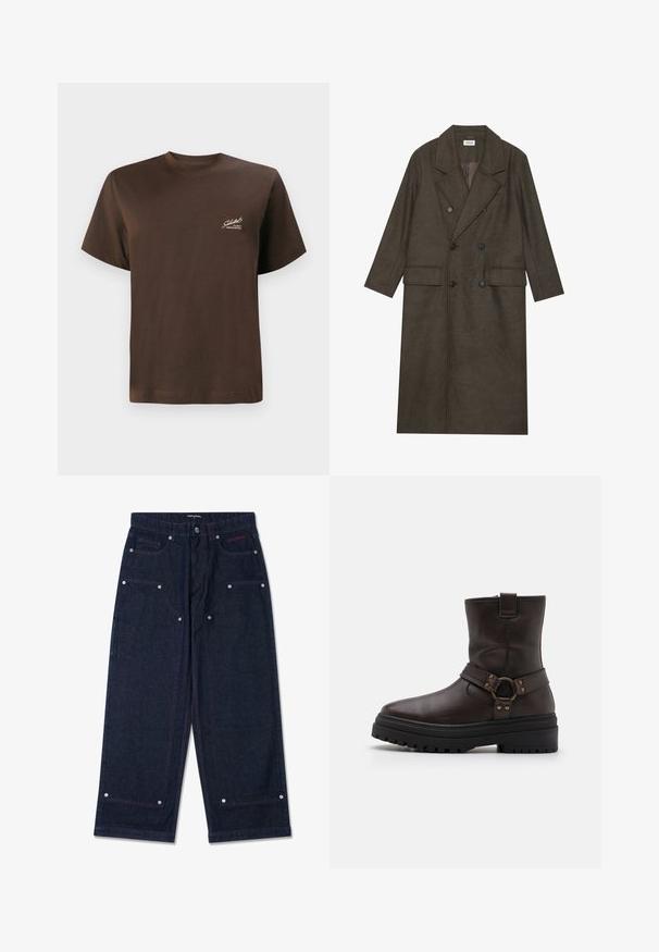 Dlouhý dvouřadý kabát v tmavě hnědé vlněné směsi, s klopovým límcem, dvěma předními kapsami a černými knoflíky. Hladká textura.; Hnědá bavlněná tričko s kulatým výstřihem, krátkými rukávy a malým bílým logem vytištěným na levé straně. Hladká textura, standardní střih.; Tmavé džínové kalhoty s širokýma nohavicema, dvěma předními kapsami, stříbrnými detaily a kontrastním červeným prošíváním. Obsahují zapínání na knoflík a logo značky.; Hnědé kožené kotníkové boty se čtveratou špičkou, akcenty s přezkami a silnou černou podrážkou. Obsahují boční zip a texturovaný povrch.