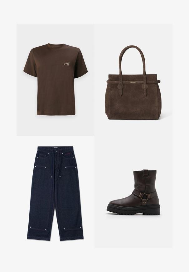 Tamsiai rudos vilnos mišinio dvigubos eilės ilgasis paltas, su įpjovimu apykakle, dviem priekinėmis kišenėmis ir juodais mygtukais. Lygus paviršius.; Rudas medvilninis marškinėlis su apvalia iškirpte, trumpomis rankovėmis ir mažu baltu logotipu priklijuotu kairėje pusėje. Sklandus paviršius, standartinė prislankai.; Tamsaus džinsinio audinio plačios kojos kelnės su dviem priekinėmis kišenėmis, sidabriniais detalių akcentais ir kontrastinga raudona siūle. Sukurtos su mygtukų uždarymu ir prekės ženklo logotipu.; Ruda odinė kulkšnė batai su kvadratiniu pirštu, sagties akcentais ir storu juodu padu. Yra šoninis užtrauktukas ir tekstūruotas paviršius.; Tamsiai ruda zomšinė rankinė su dviem rankenomis ir horizontaliu diržu, kuriame yra mažas auksinis DSQUARED2 logotipo ženklelis.