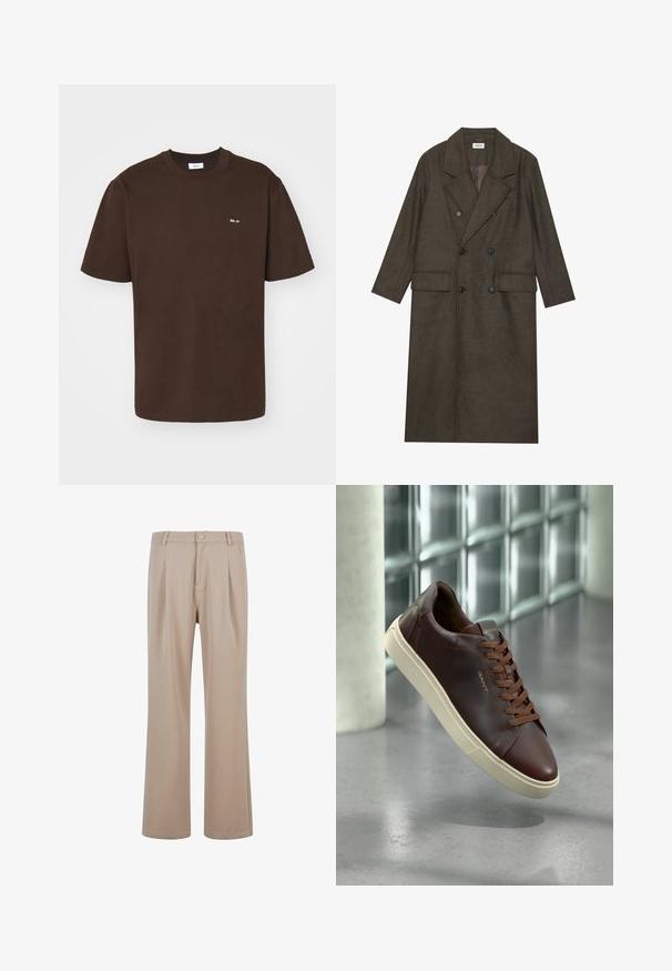 Dobbeltbrystet lang frakke i mørkebrun uldblanding med slået krave, to forlommer og sorte knapper. Glat tekstur.; NN.07 ADAM EMB - T-shirts basic - brown; Beige plisserede bukser lavet af glat stof med lige ben-design, der har en knaplukning og subtile syninger.; Brune lædersneaker med rund tå, brune snørebånd og en beige gummisål. Har minimal branding på siden.