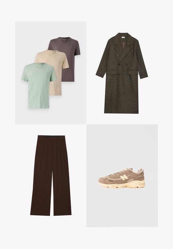 Palton lung cu două rânduri de nasturi dintr-un amestec de lână de culoare maro închis, având un guler cu tăietură, două buzunare frontale și nasturi negri. Textură netedă.; Trei tricouri cu guler în V în culori neutre: verde, bej și maroniu. Mâneci scurte, țesătură moale și un mic logo pe pieptul fiecăruia.; Pantaloni maro, cu picioare largi, cu pliuri. Realizați dintr-un material neted, având o talie cusută și buzunare laterale. Tiv plat la baza.; Sneaker din suede maro cu o talpă crem căptușită, având accente bej, panouri texturate și un logo proeminent pe lateral.