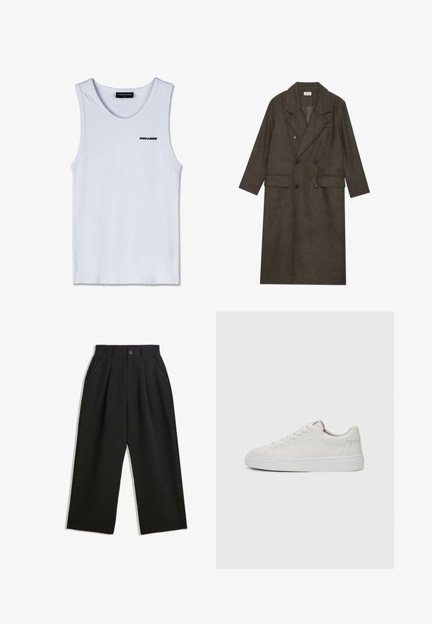 Dvojredno obloženi dolg plašč v temno rjavi mešanici volne, z obreženim ovratnikom, dvema sprednjima žepoma in črnimi gumbi. Gladka tekstura.; Bela brezrokavna majica bele barve z črnim logotipom "PEGADOR" na prsih in črnim etiketom z napisom "PEGADOR M" na ovratniku.; Črne hlače z sproščenim krojem, z naborki spredaj, stranskimi žepi in gumbom za zapiranje. Narejene so iz strukturirane tkanine.; Bele usnjene superge z nizkim zgornjim delom, okroglo konico, ravnim belim gumijastim podplatom in minimalističnimi šivi. Šnure so pritrjene skozi šest lukenj.