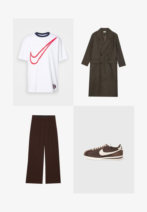 Dobbeltbrystet lang frakke i mørkebrun uldblanding med slået krave, to forlommer og sorte knapper. Glat tekstur.; Hvid T-shirt med rød Nike swoosh grafik, marineblå ribbet krave, korte ærmer og lille Paris emblem på venstre kant. Lavet af bomuldsstof.; Brune bredbenede bukser med plisseringer. Lavet af et glat stof, der har en skræddersyet talje og sidelommer. Flad kant nederst.; Brun sneaker i en blanding af ruskind og canvas-materialer, med et hvidt Nike swoosh-logo og en tekstureret gummisål.