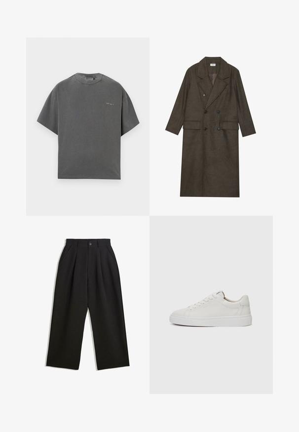 Dobbeltbrystet lang frakke i mørkebrun uldblanding med slået krave, to forlommer og sorte knapper. Glat tekstur.; Grå oversized kortærmet t-shirt i blød bomuldsblanding med rund hals og subtil logo detalje på brystet. Glat stoftekstur.; Sorte bukser med en afslappet pasform, der har plisseringer foran, sidelommer og knaplukning. Fremstillet af tekstureret stof.; Hvide læder sneakers med lav skæft, rund tå, flad hvid gummisål og minimalistisk sømdetalje. Snørebånd sikret gennem seks snørrehuller.