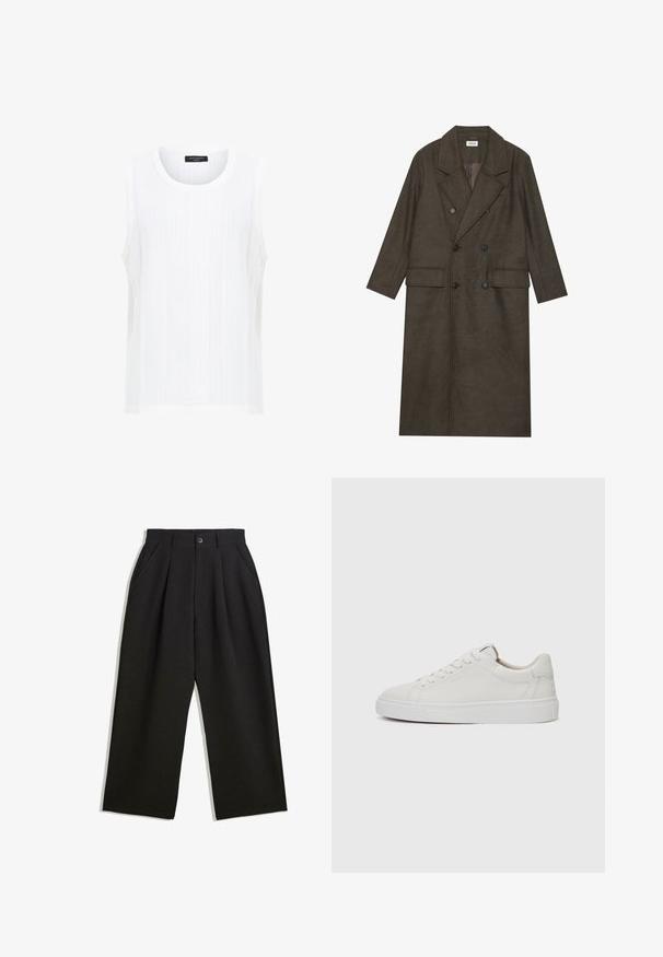 Kétgombos, hosszú kabát sötétbarna gyapjúkeverékből, kiemelkedő gallérral, két elülső zsebbel és fekete gombokkal. Simára csiszolt textúra.; Fehér ujjatlan felső texturált anyagból, függőleges bordázattal és kerek nyakkivágással. Egyszerű dizájn, díszítések vagy minták nélkül.; Fekete, lazán szabott nadrág, elöl redőkkel, oldalsó zsebekkel és gombzárral. Texturált anyagból készült.; Fehér bőr, alacsony szárú sportcipő kerek orral, lapos fehér gumitalppal és minimalista varrási részletekkel. A fűzők hat szemre fűzve.