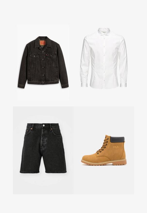 Mustvalge denim jakk klassikalise disainiga, millel on kaks rinna taskut, nupuvajutuse sulgemine ja terav krae. Tekstuuriga kangas, millel on õmblusdetailid.; Valge pikkade varrukatega nööbiga särk, mis on valmistatud siledast kangast. Omab klassikalist kraed, esipaneeli nuppe ja ühe nööbiga mansette. Kitsas lõige.; Mustad denim lühikesed püksid, millel on kõrge talje, viie tasku disain, vasknööbid ja tooräär. Kanga pinnal on kerge tekstuur ja pleekimine.; Kohvade seemisnahast pahkluu saapad musta polsterdatud krae, metallist silmade ja tekstuuriga kummitaldega. Küljel on embosseeritud logo.